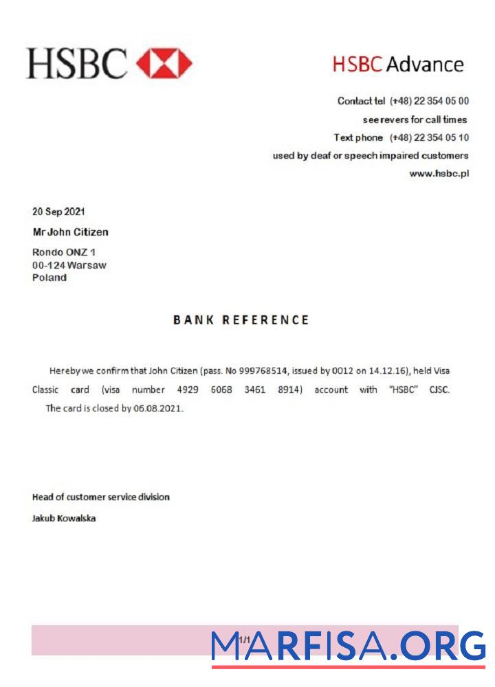 Printable Poland HSBC Advance closure reference example